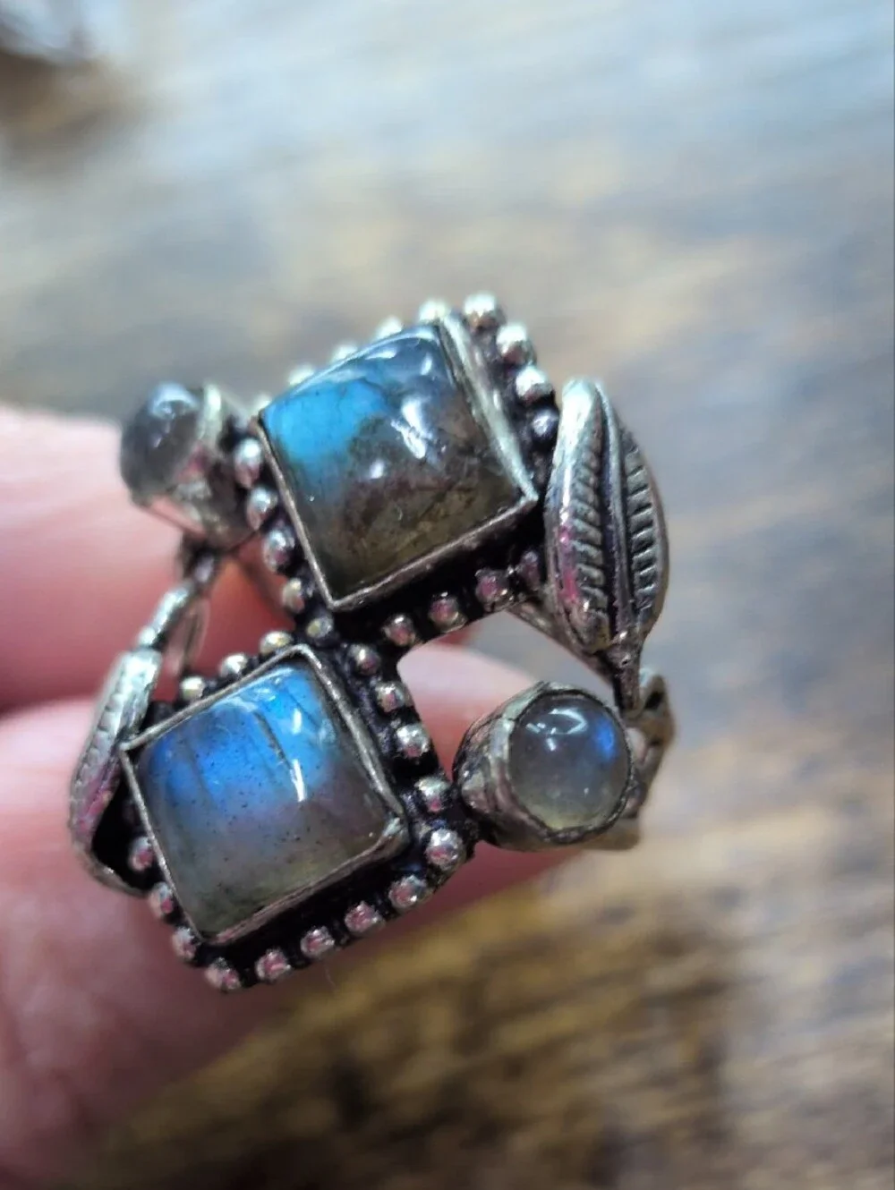 Labradorite Double Square Statement Ring - Silver Leaf Design